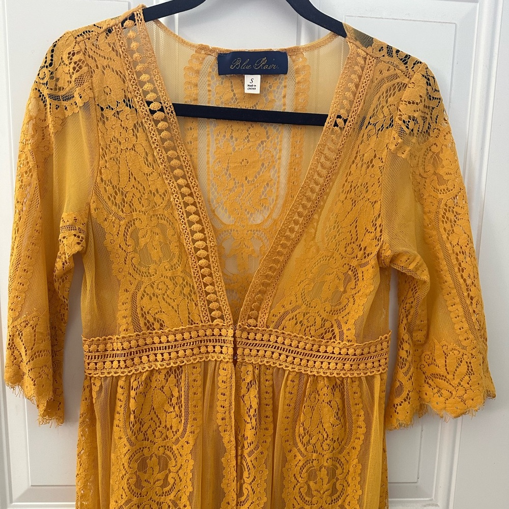 Blue Rain Golden Yellow Boho Lace Kimono Cardigan - Picture 4 of 12